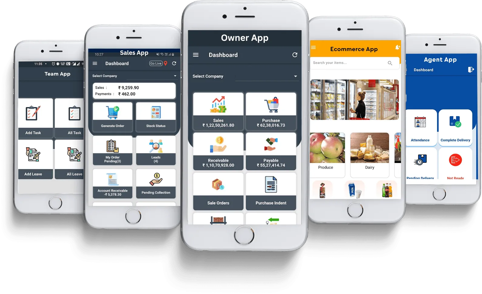 Team, Sales, Owner, E-commerce and Agent mobile app dashboards