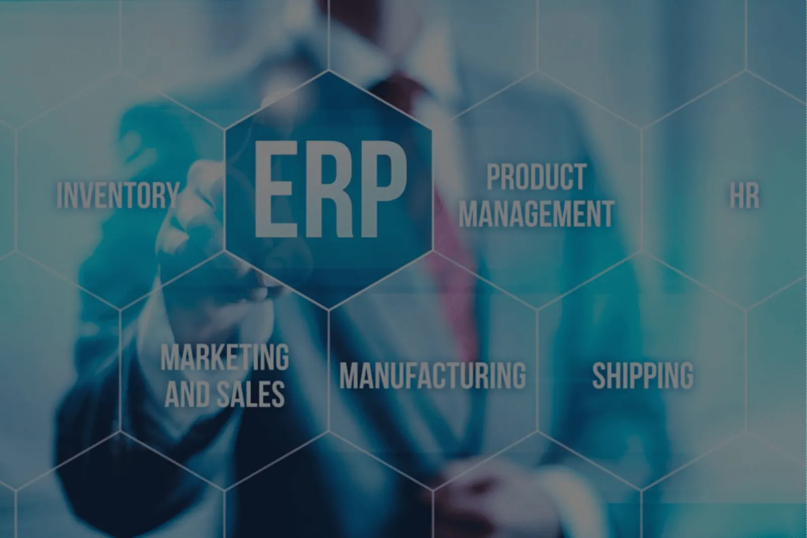 ERP hub linking inventory, sales, manufacturing, HR and shipping
