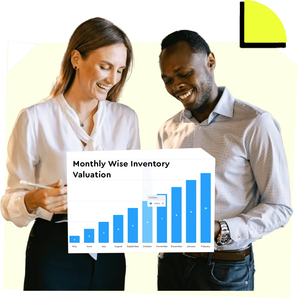 Two colleagues reviewing a monthly inventory valuation chart